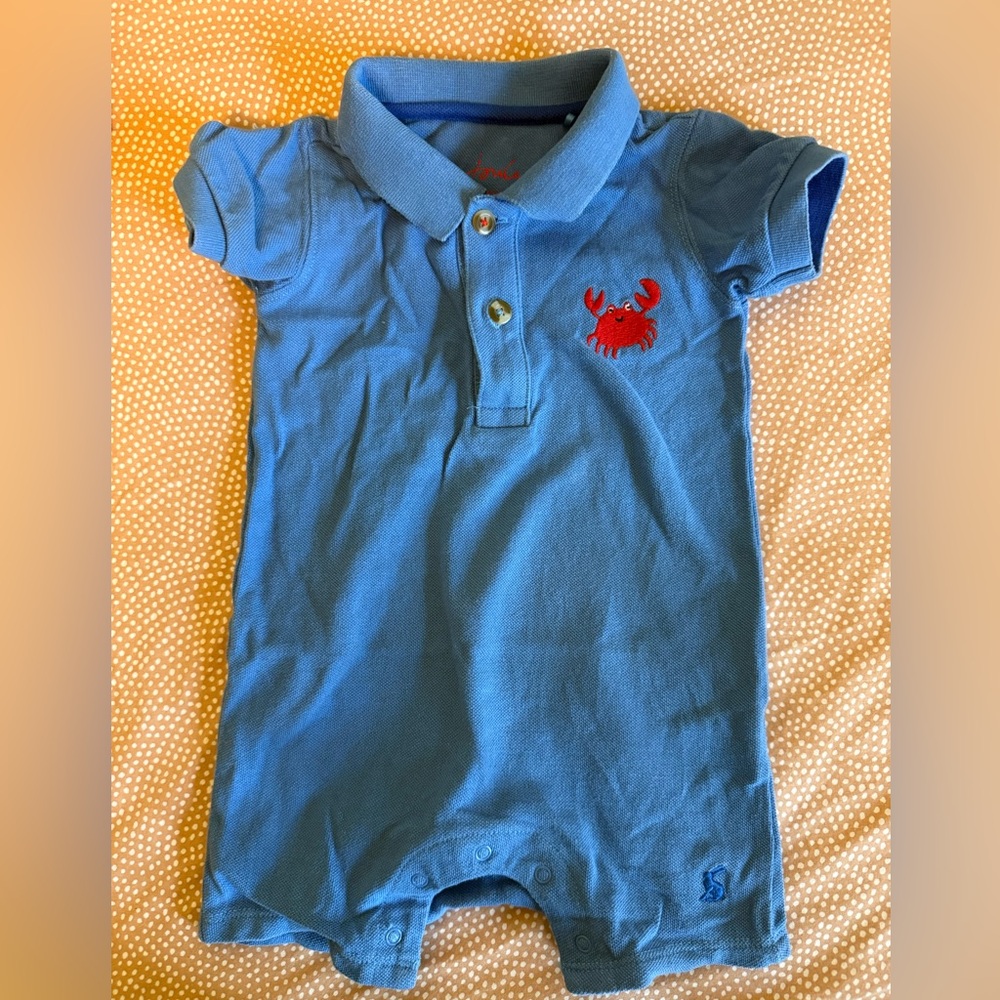 Joules Blue Baby Polo Romper with Red Embroidery
